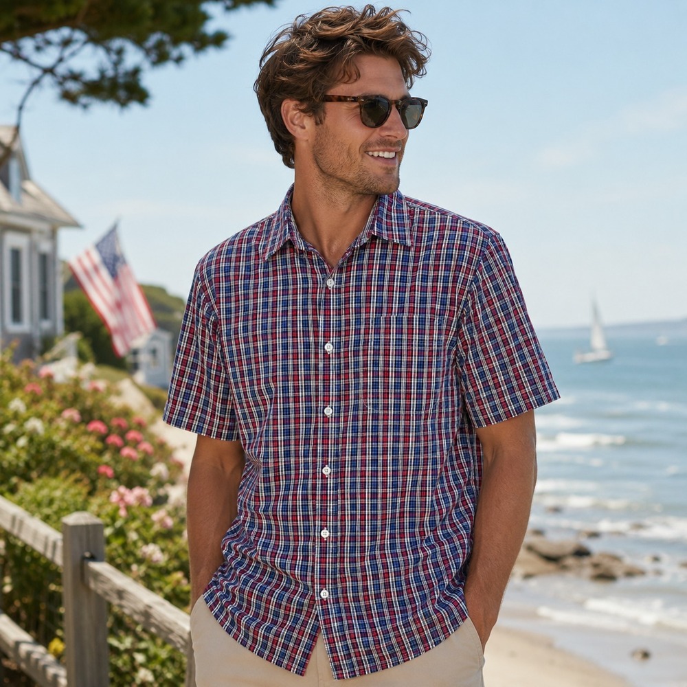 LL Bean Mens Plaid Seersucker Button‎ Front Shirt Sz L Red White Blue Cotton